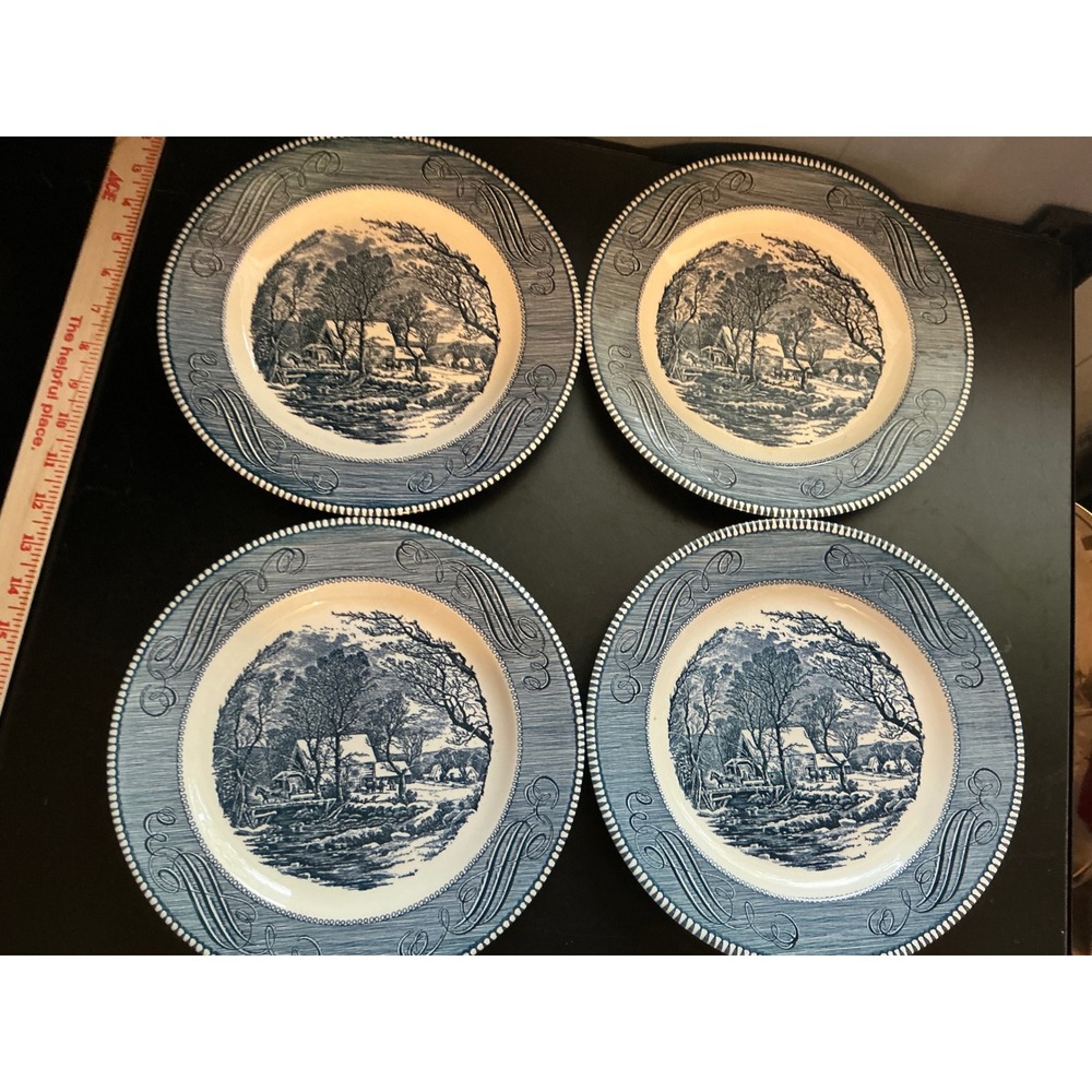 Royal China Currier and Ives The Old Grist Mill Blue Dinner Plates Set of 4 10in